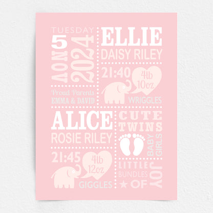 Custom Twin Babies Print - Girls Cute Elephants