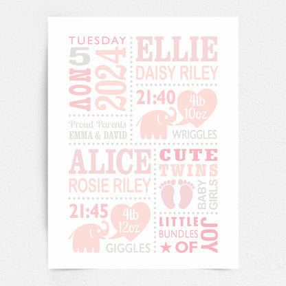 Custom Twin Babies Print - Girls Cute Elephants