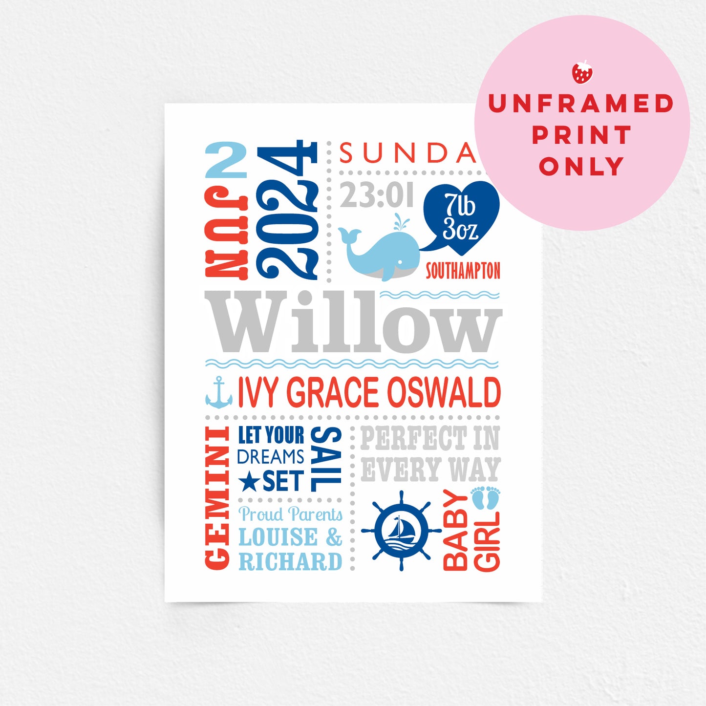Custom Baby Print - Girl Nautical Whale