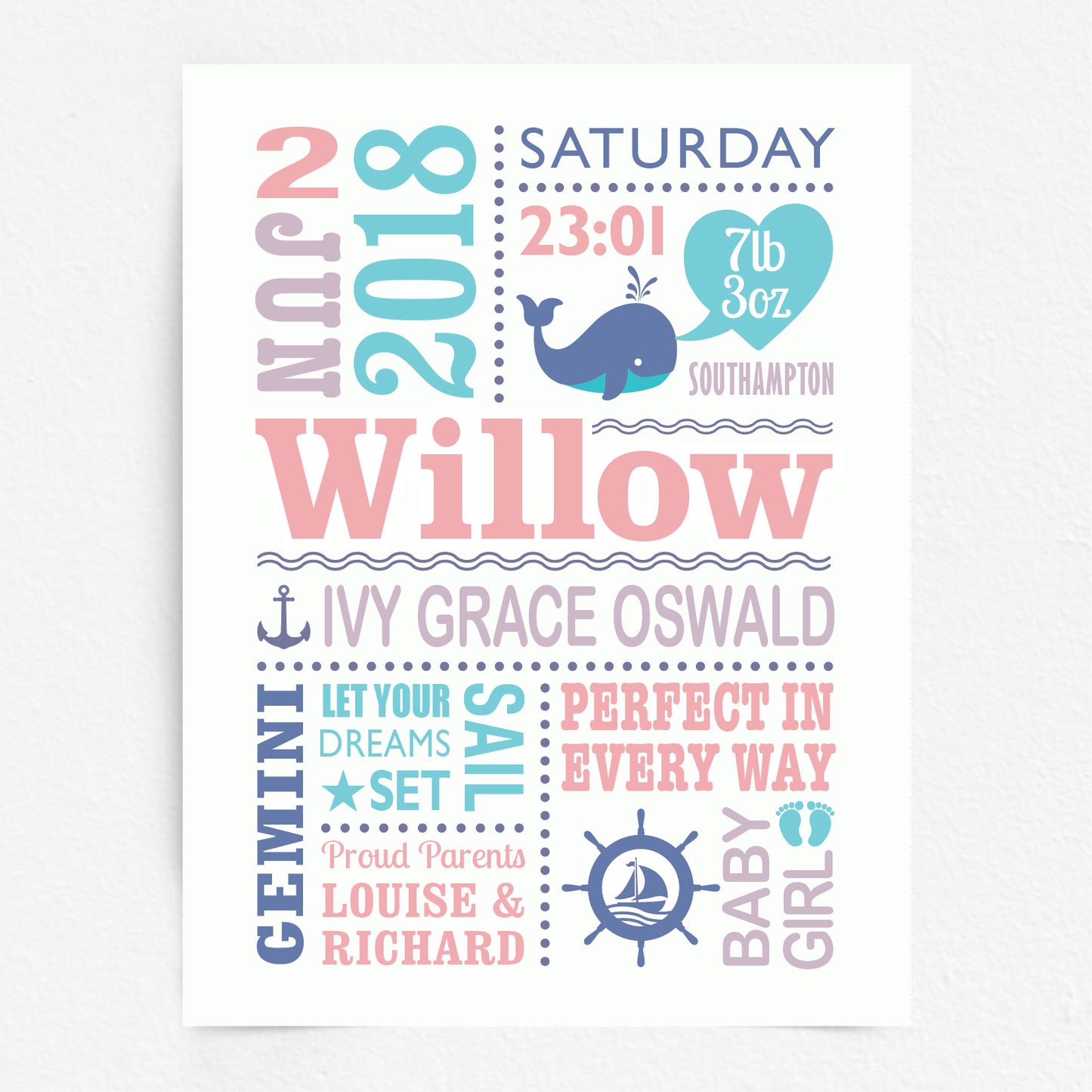 Custom Baby Print - Girl Nautical Whale