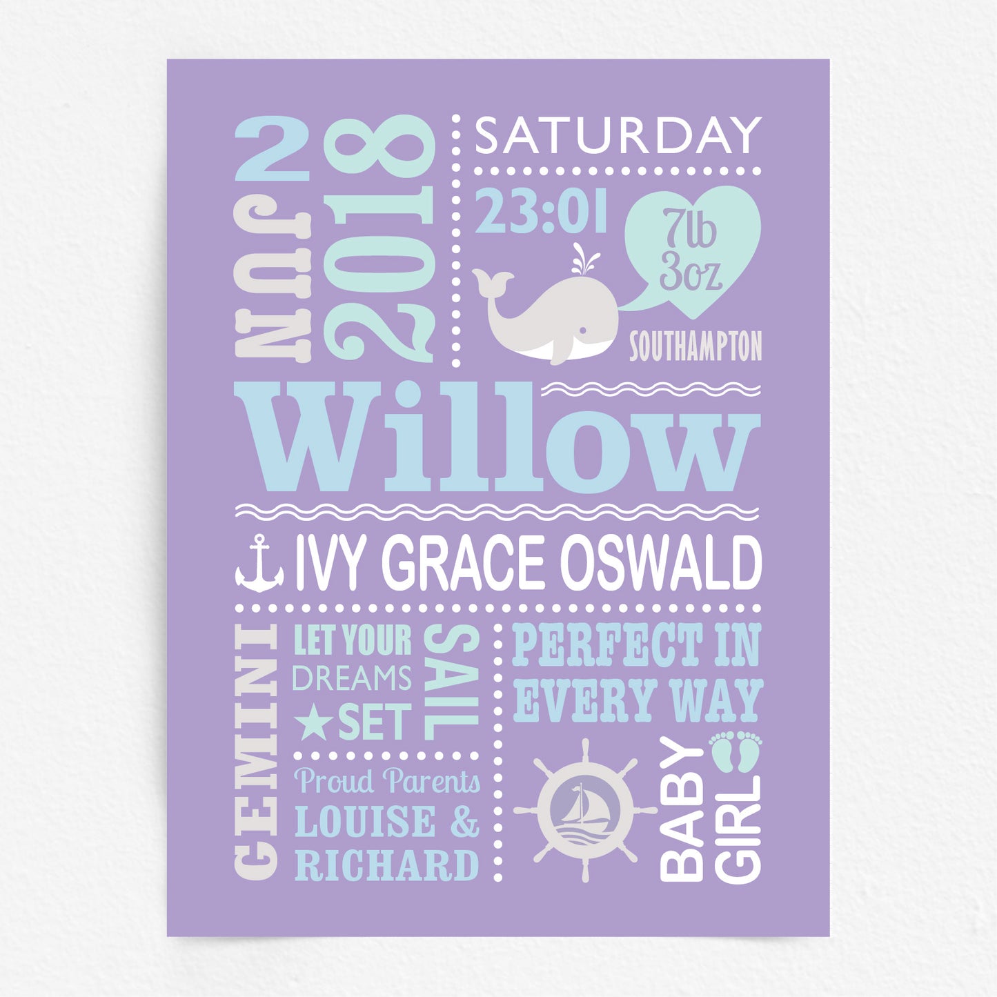 Custom Baby Print - Girl Nautical Whale