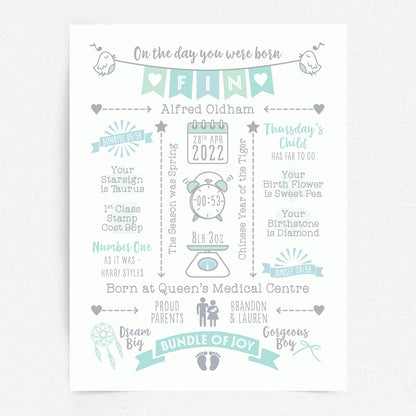 A custom baby boy name bunting print featuring various details such as the baby's full name, date of birth, and hospital of birth in pastel colours spearmint blues and greens