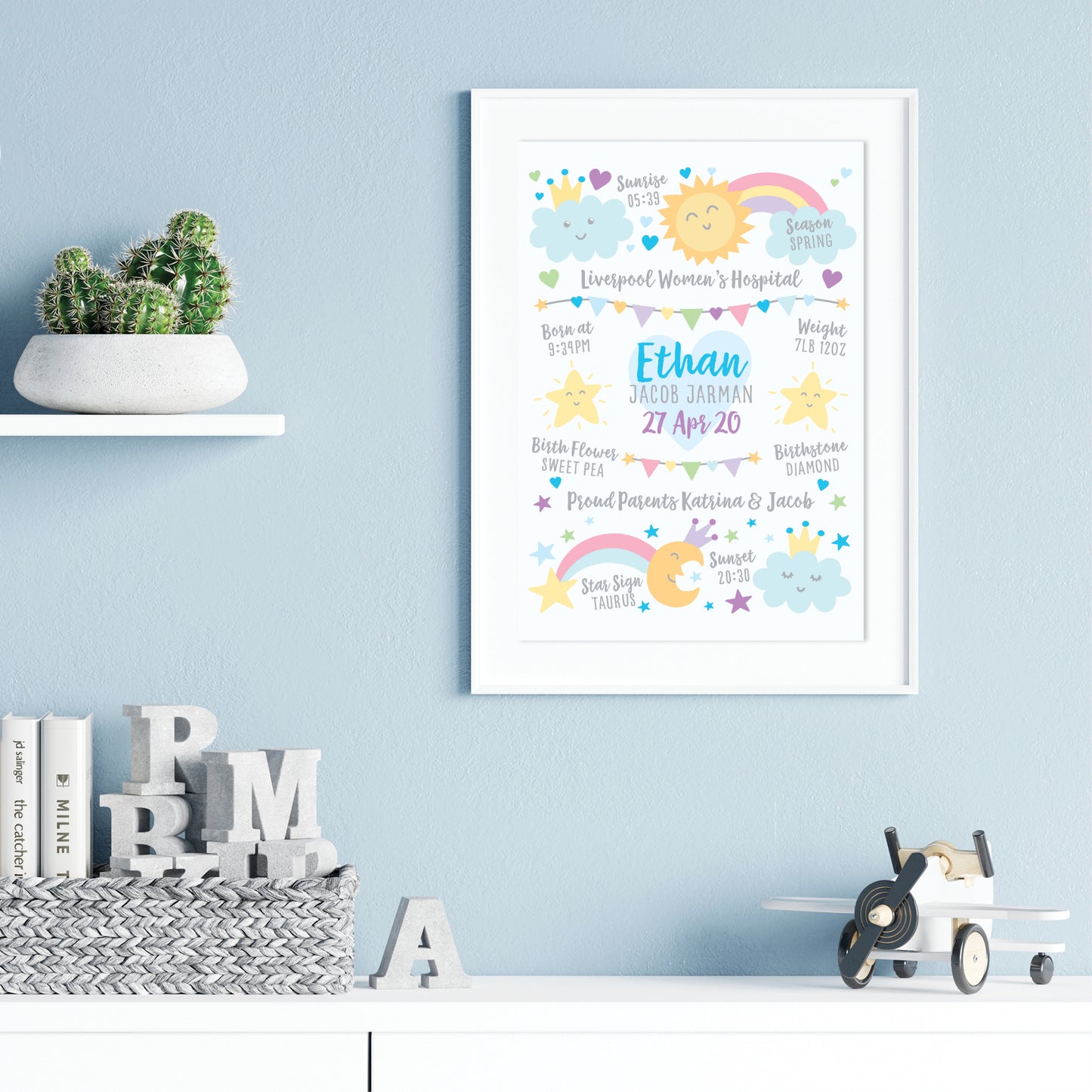 Custom Baby Print - Boy Rainbow Sun Moon Stars
