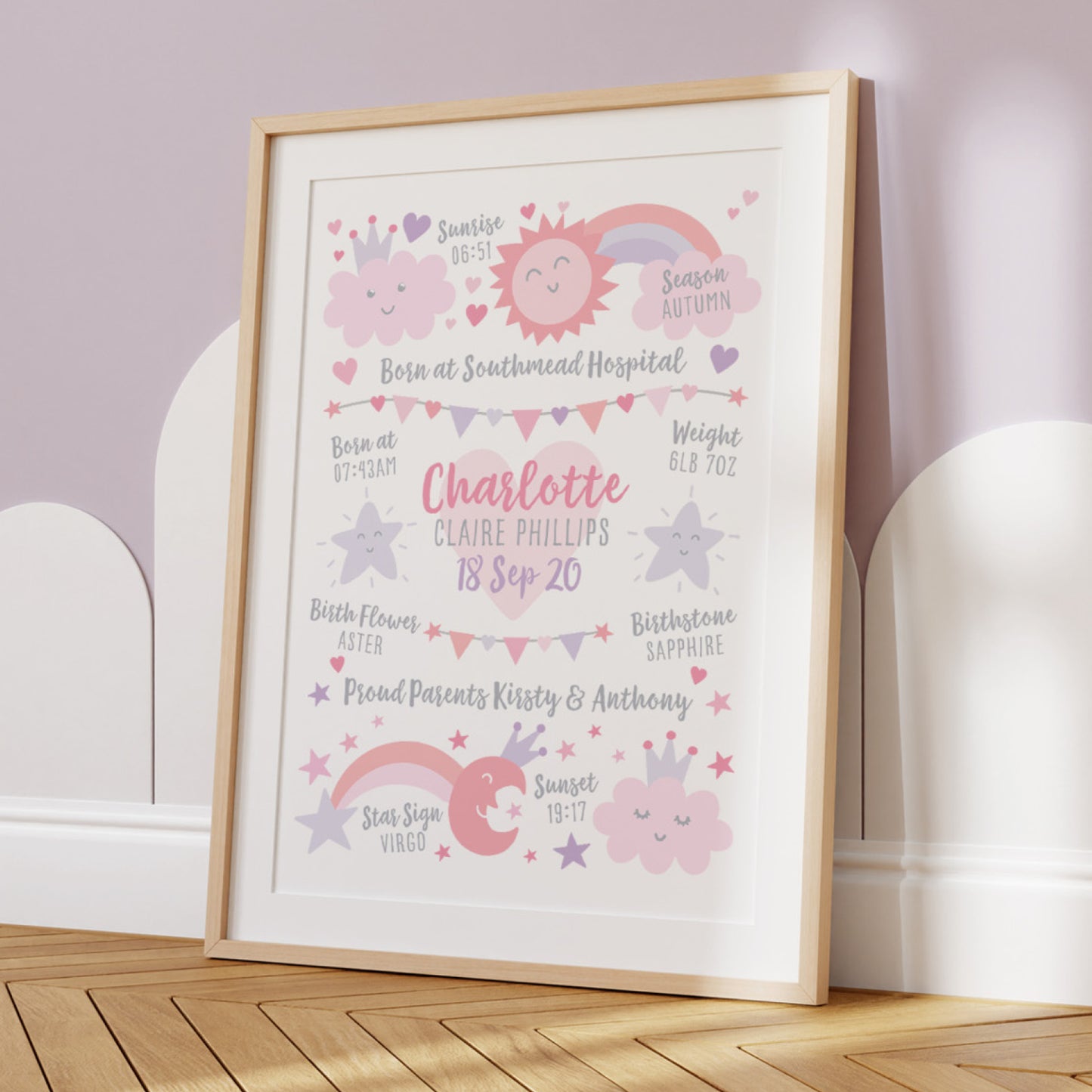 Custom Baby Print - Girl Rainbow Sun Moon Stars