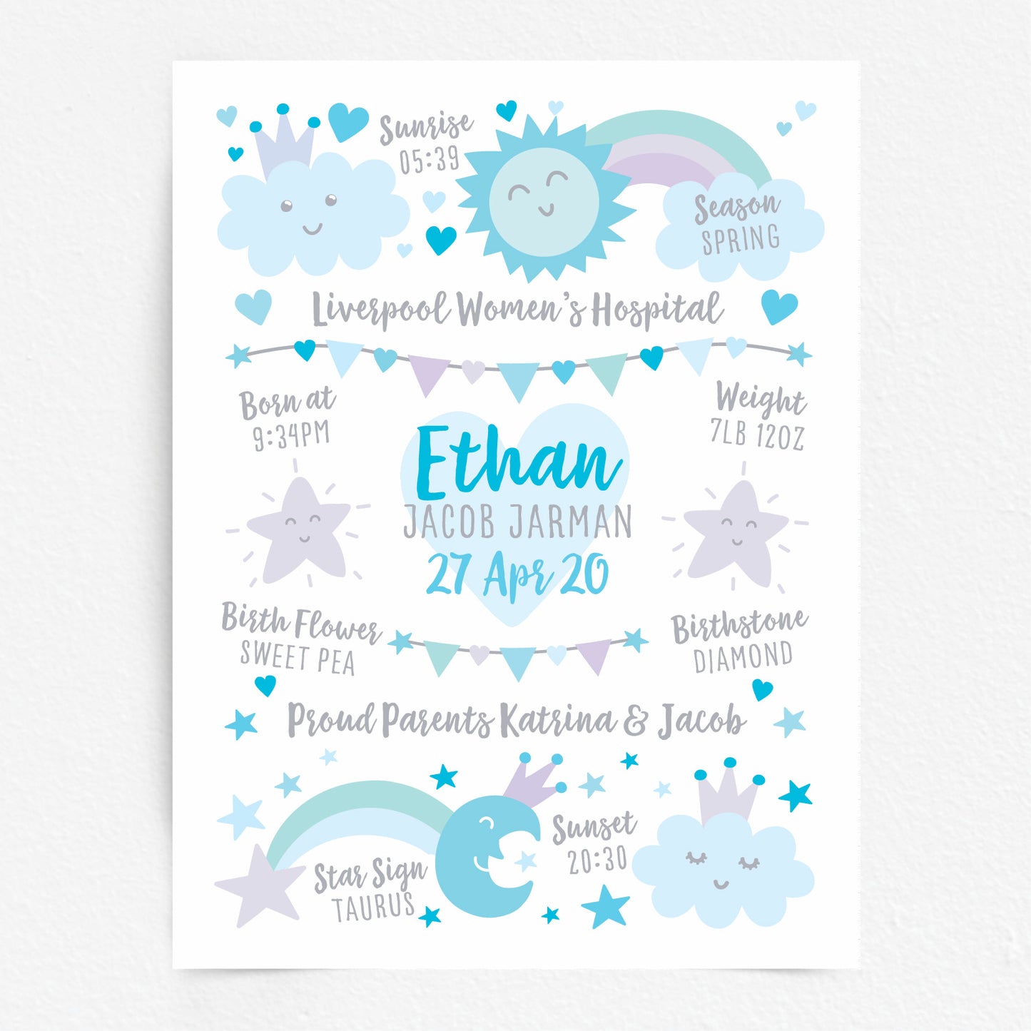 Custom Baby Print - Boy Rainbow Sun Moon Stars