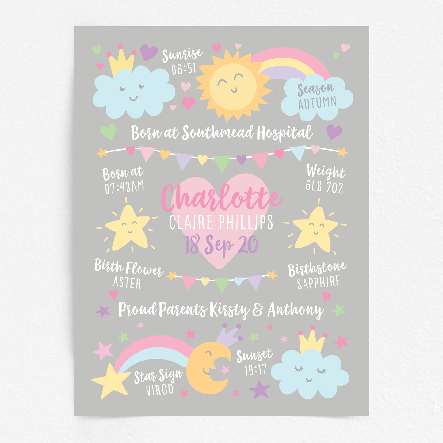 Custom Baby Print - Girl Rainbow Sun Moon Stars