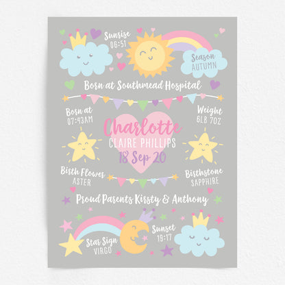 Custom Baby Print - Girl Rainbow Sun Moon Stars