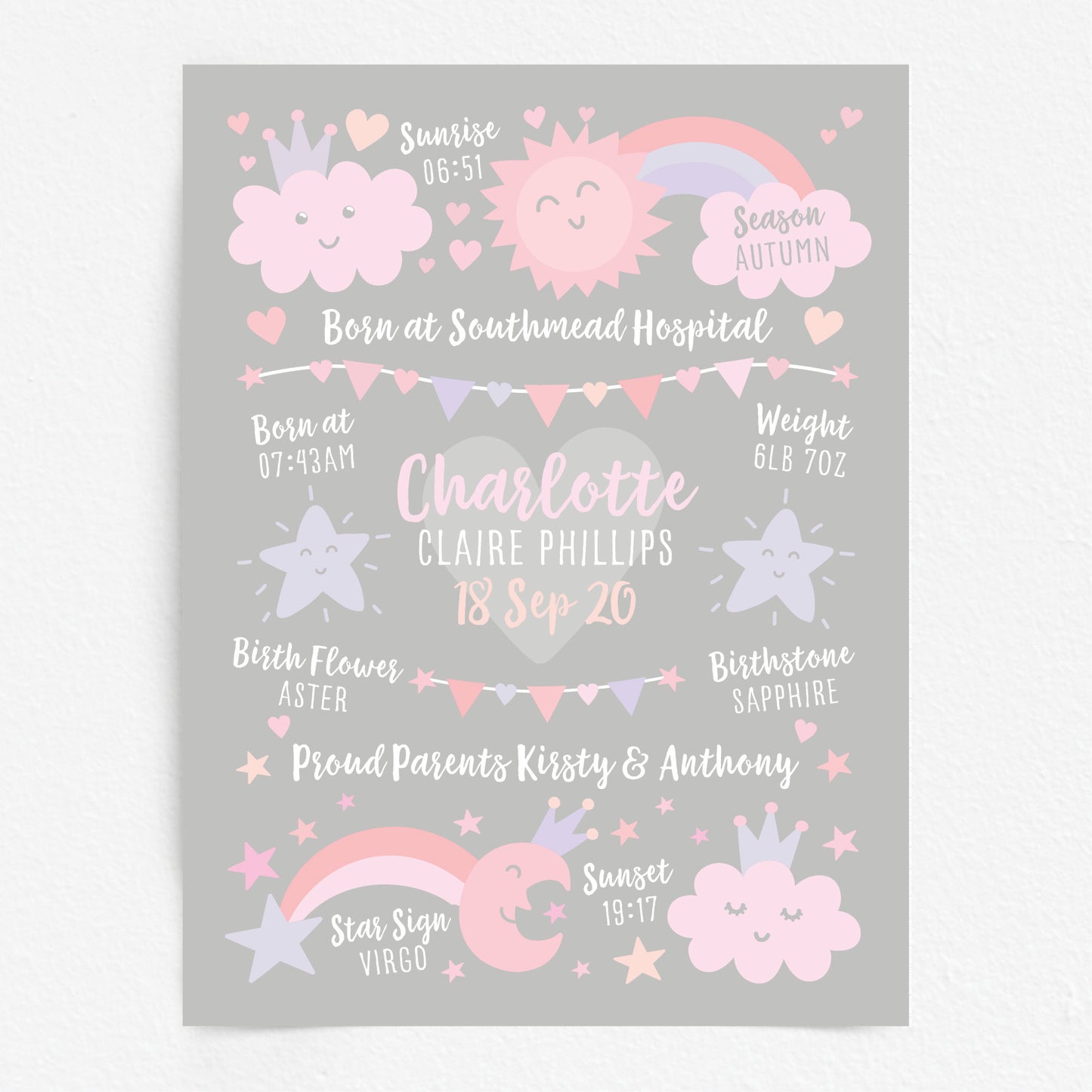 Custom Baby Print - Girl Rainbow Sun Moon Stars