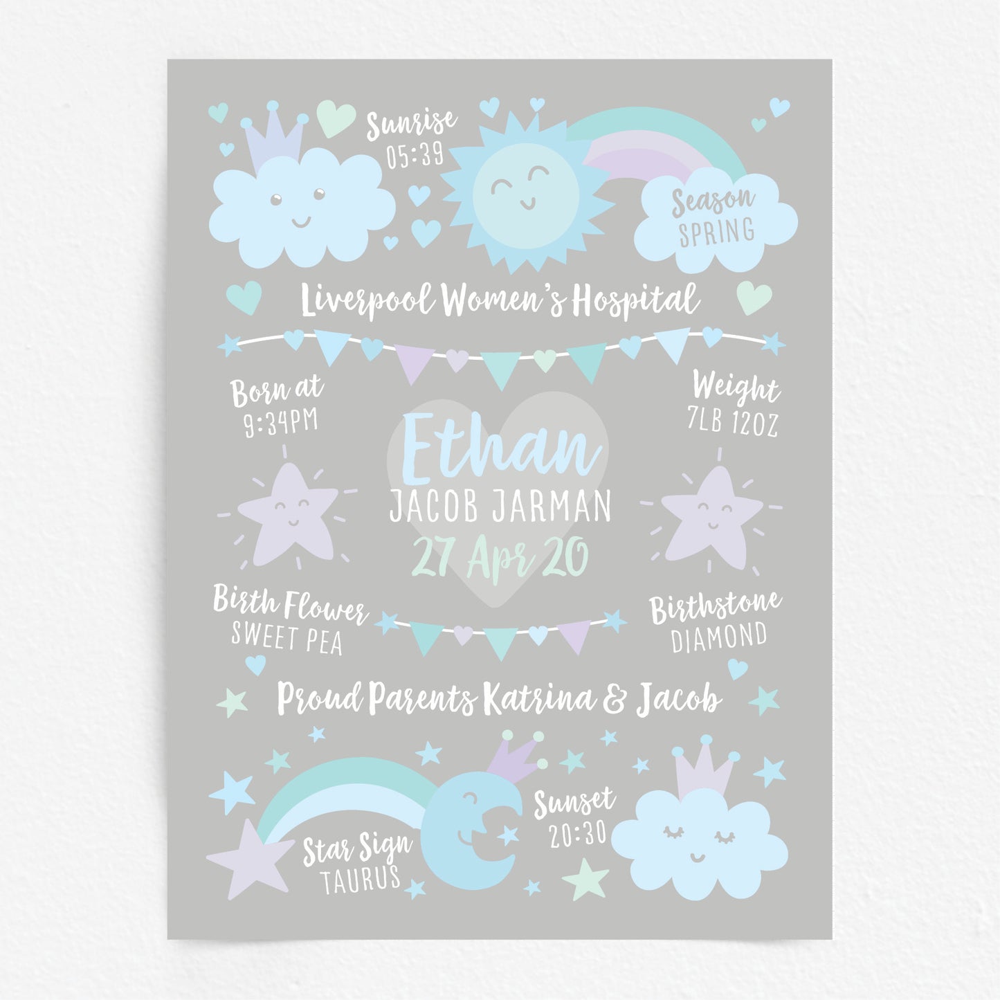 Custom Baby Print - Boy Rainbow Sun Moon Stars