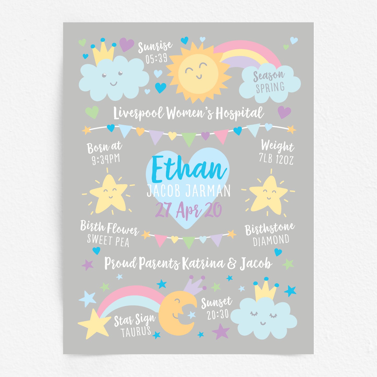 Custom Baby Print - Boy Rainbow Sun Moon Stars