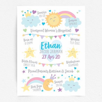 Custom Baby Print - Boy Rainbow Sun Moon Stars