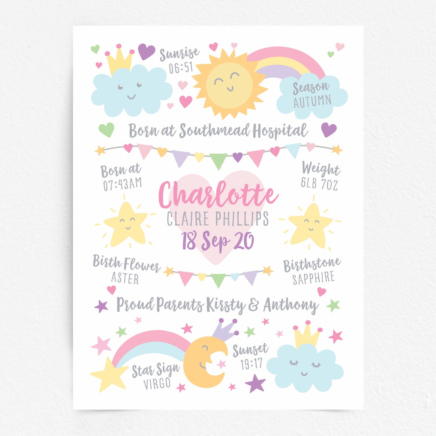 Custom Baby Print - Girl Rainbow Sun Moon Stars