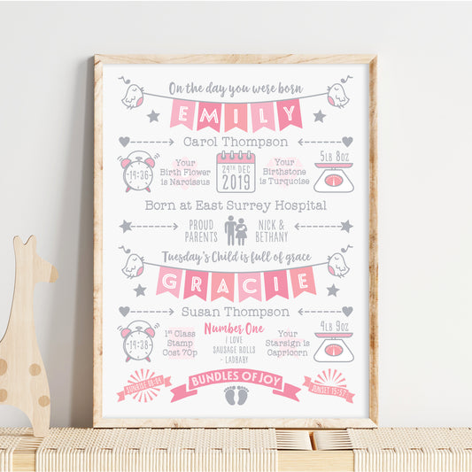 Custom Twin Babies Print - Girls Name Bunting