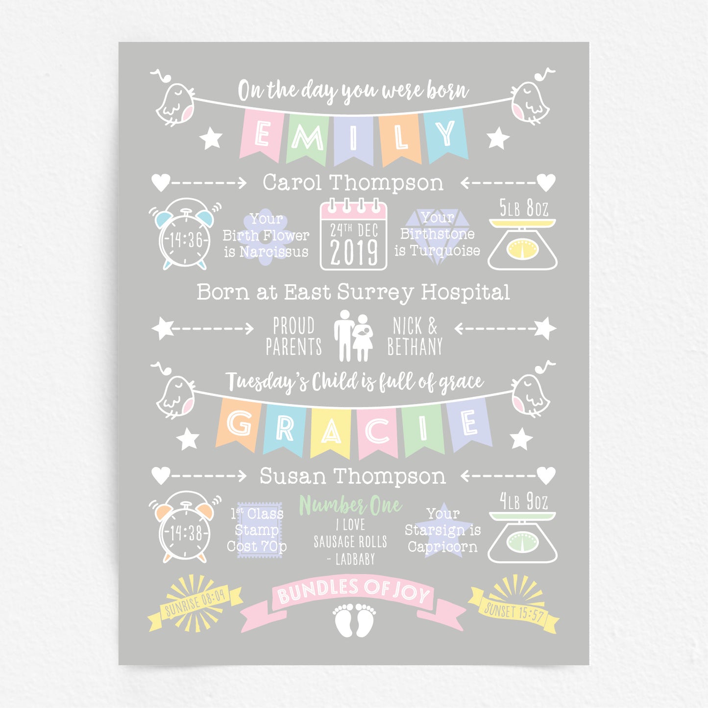 Custom Twin Babies Print - Girls Name Bunting
