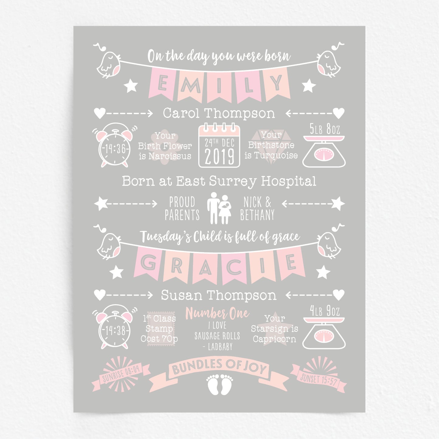 Custom Twin Babies Print - Girls Name Bunting