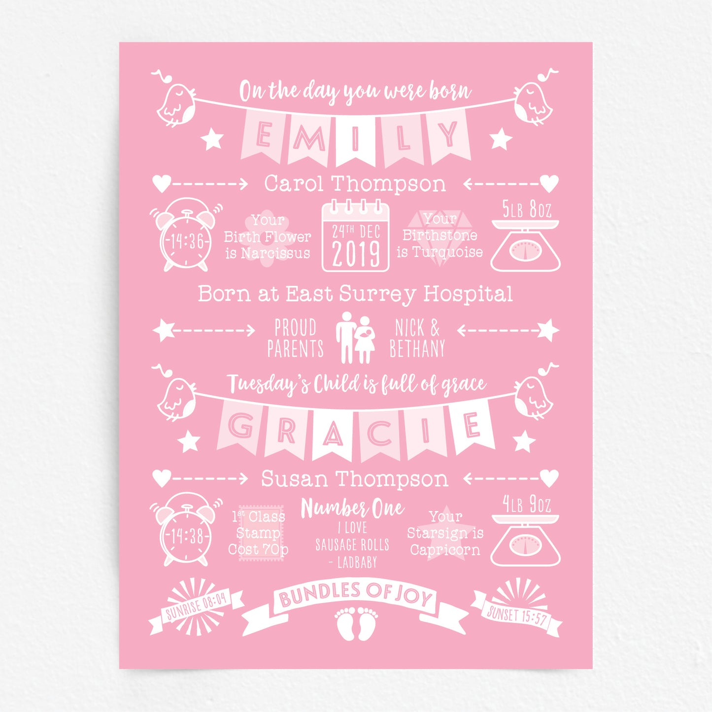 Custom Twin Babies Print - Girls Name Bunting