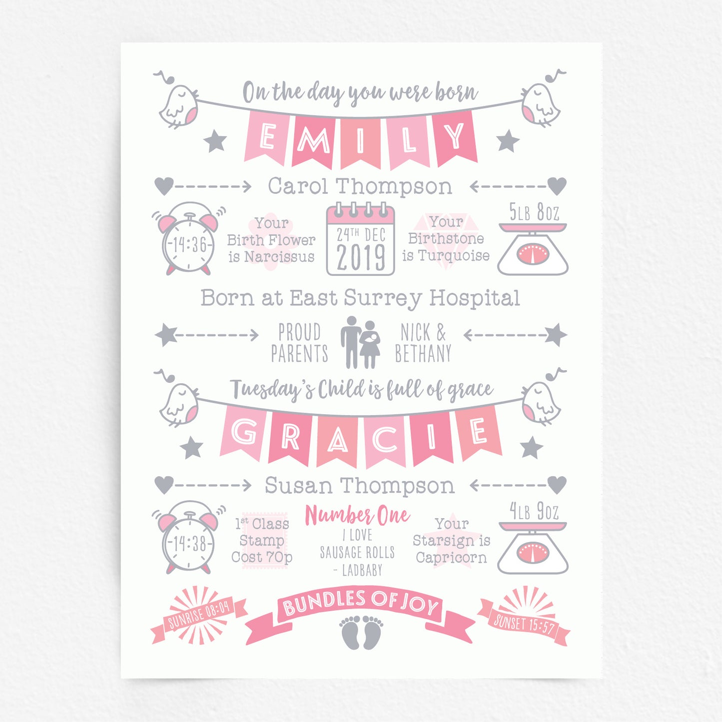 Custom Twin Babies Print - Girls Name Bunting