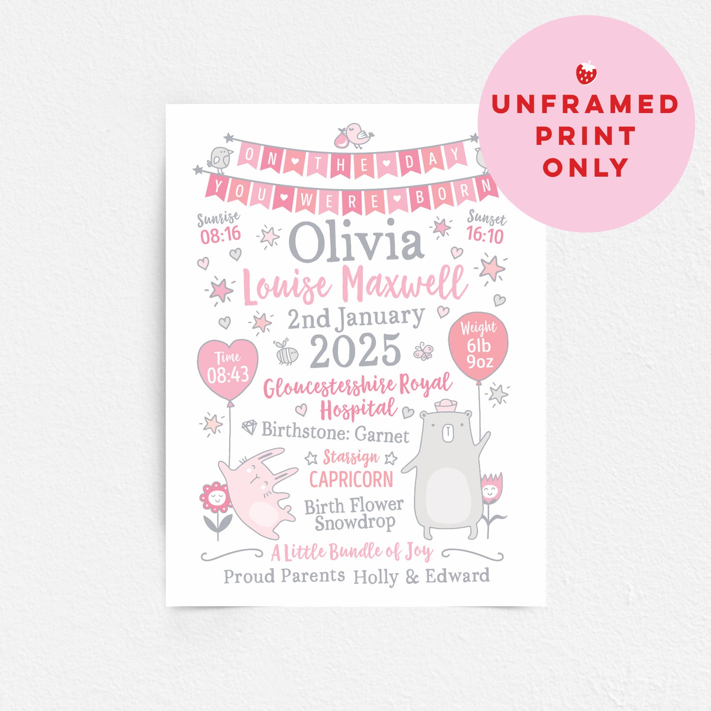 Custom Baby Print - Girl Bunting Balloons