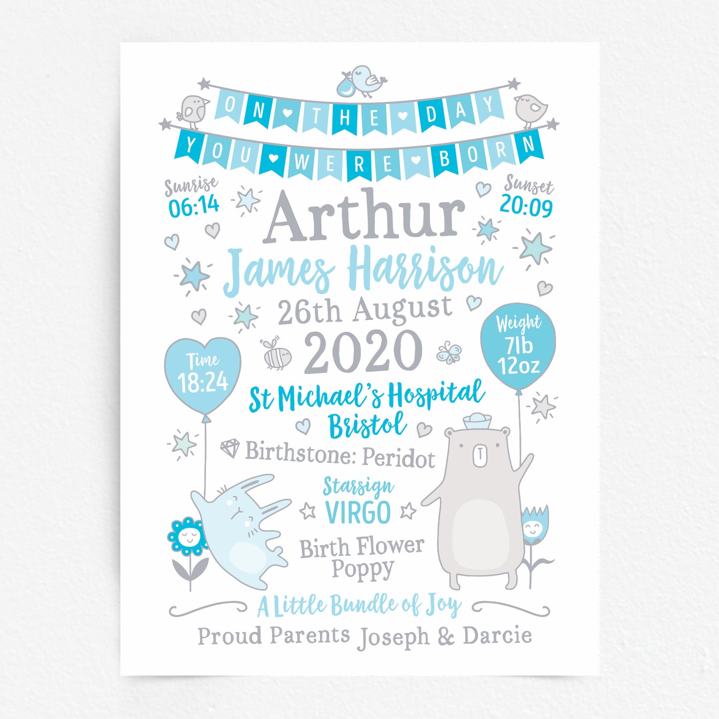 Custom Baby Print - Boy Bunting Balloons