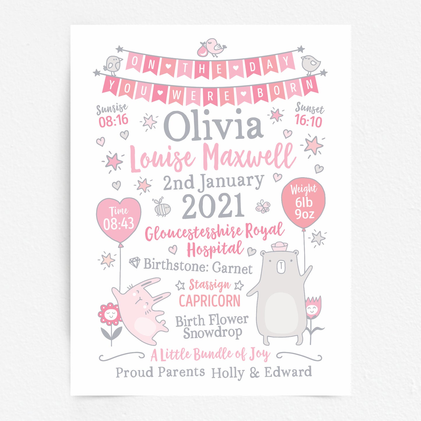 Custom Baby Print - Girl Bunting Balloons