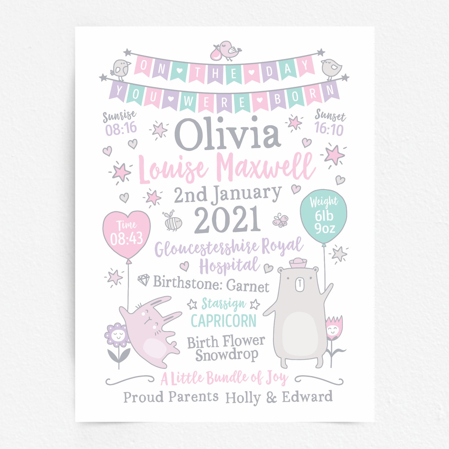 Custom Baby Print - Girl Bunting Balloons