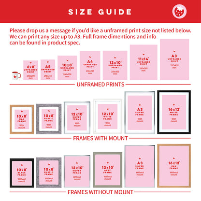 Size guide for unframed prints and framed prints with or without mount