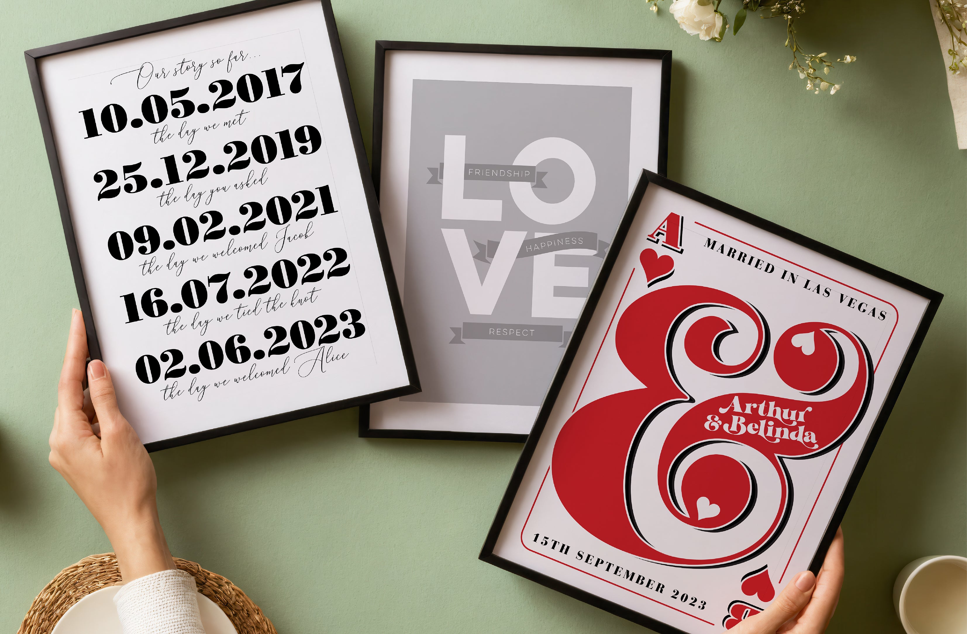 Framed love prints with special dates and names and vegas wedding details